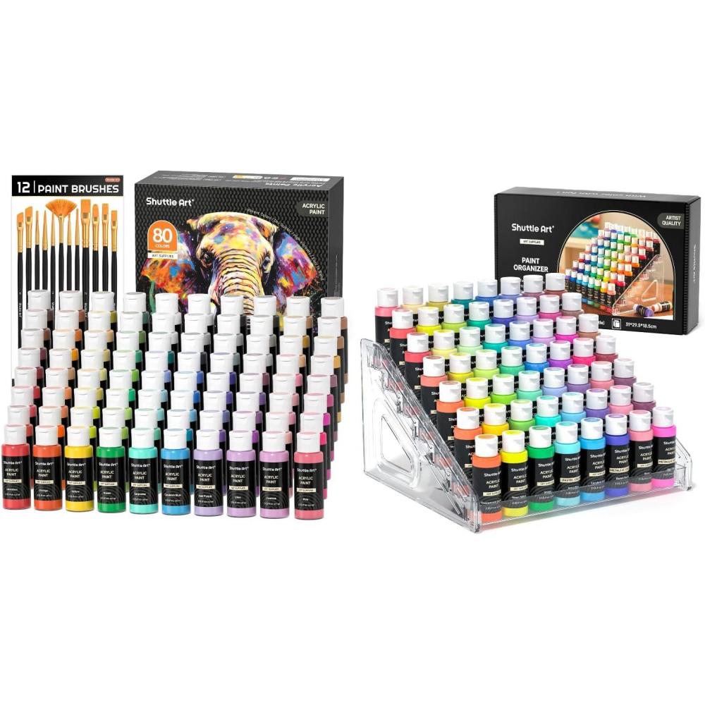 image:imageShuttle Art Acrylic Painting and Paint Organizer Bundle 80 Colors Acrylic Paint Set 2oz60ml with 12 Paint Brushes and 7Layer Clear Paint Organizer