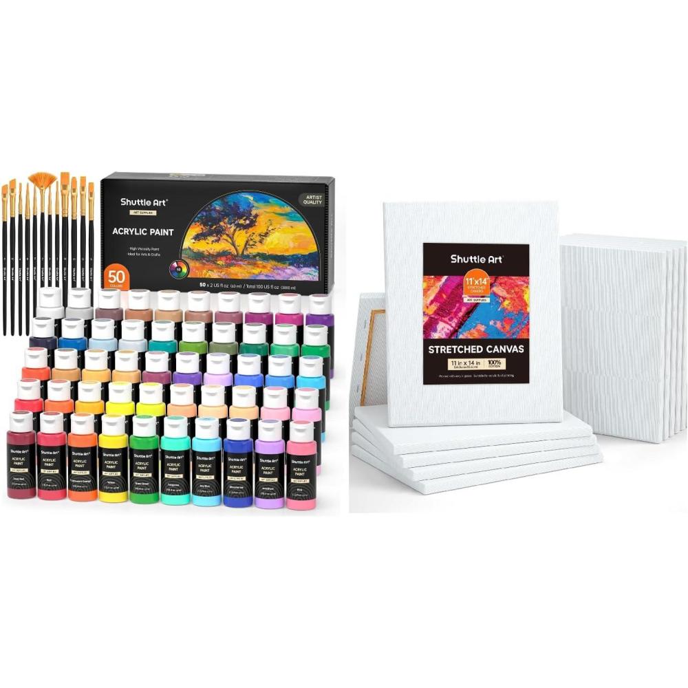 image:imageShuttle Art Stretched Canvas and Acrylic Paint Bundle Art Painting Supplies Set for 50 Colors Acrylic Paint Bottles 60ml2oz amp 12 Pack Painting Canvas 11x14