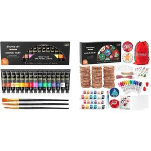 Shuttle Art Acrylic Paint Set and Wood Slices Kit Bundle, Set of 15 Colors Acrylic Paint Set with 3 paint brushes + 70 PCS Wood Slices Kit