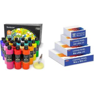 Shuttle Art Canvas Panels and Acrylic Paint Bundle, Art Painting Supplies Set for 18 Colors Acrylic Paint Bottles (240ml/8.12oz) & 52 Pack Painting Canvas (5×5”, 6×6”, 8×8”, 10×10”)