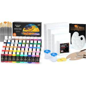 Shuttle Art Canvas Panels and Acrylic Paint Bundle, Art Painting Supplies Set for 50 Colors Acrylic Paint Bottles (60ml/2oz) & 50 Pack Canvas Painting Kit with Paint Brushes Palette Painting Knives