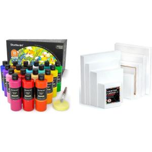 Shuttle Art Canvases and Acrylic Paint Bundle, Art Painting Supplies Set for 18 Colors Acrylic Paint Bottles (240ml/8.12oz) & 34 Pack Painting Canvas (5×7”, 8×10”, 9×12”, 11×14”)