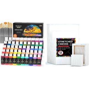 Shuttle Art Stretched Canvas and Acrylic Paint Bundle, Art Painting Supplies Set for 50 Colors Acrylic Paint Bottles (60ml/2oz) & 15 Pack Painting Canvas (5×7”, 8×10”, 9×12”, 11×14”)