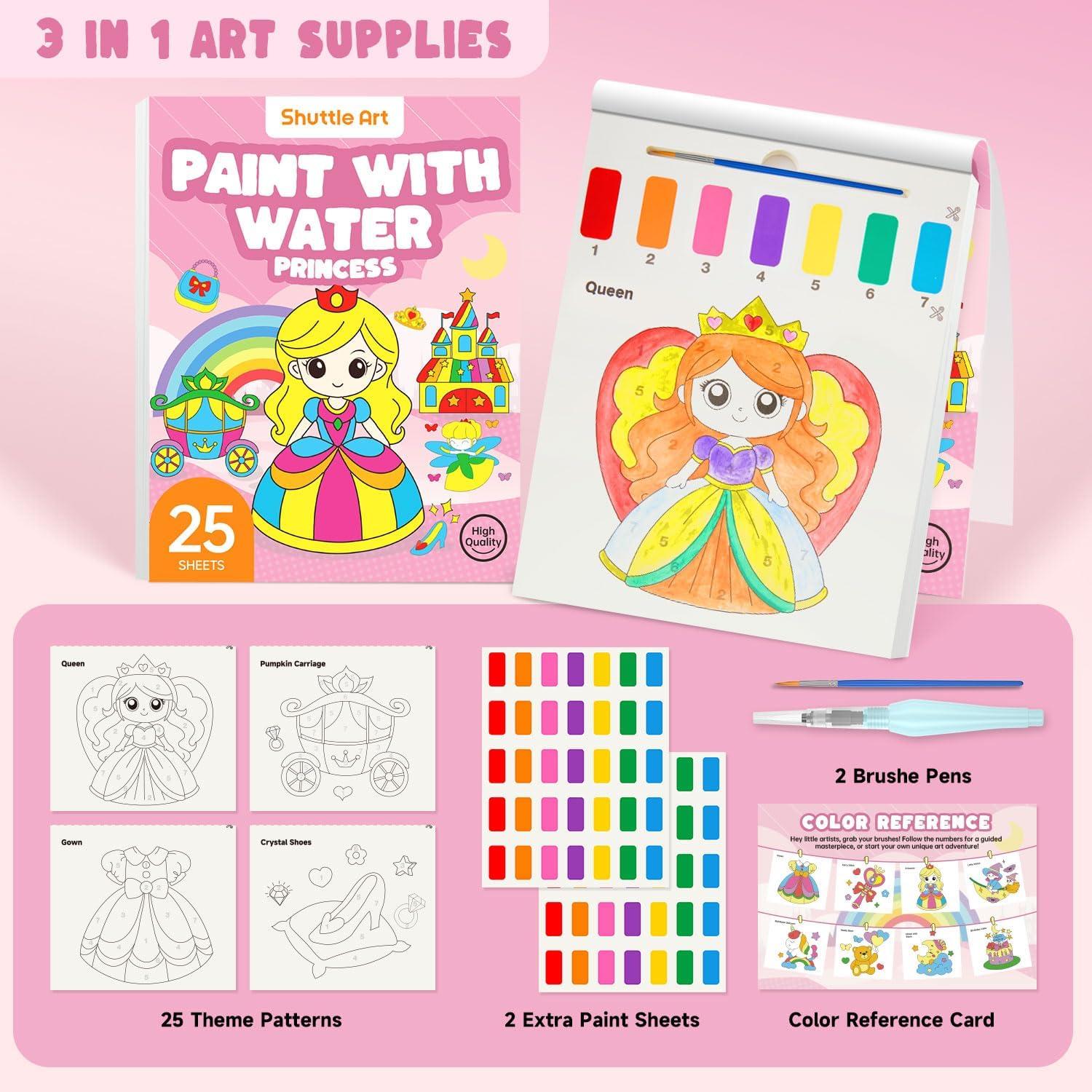 image:imageShuttle Art 335 Piece Kids Art Set Paint with Water Coloring Book for Kids 25 Princess Themed Pages with 2 Brushes