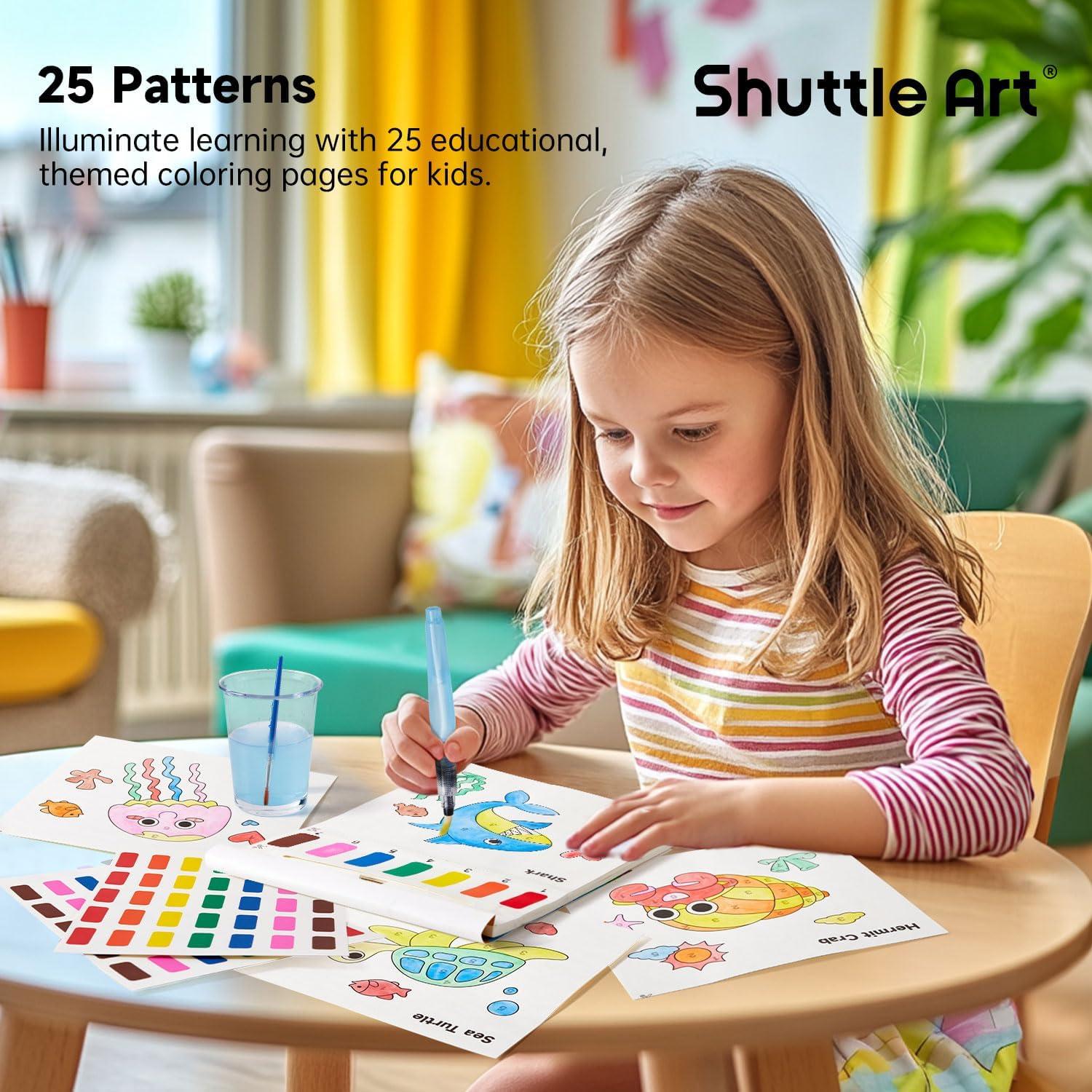image:imageShuttle Art 335 Piece Kids Art Set Paint with Water Coloring Book for Kids 25 Sea World Themed Pages with 2 Brushes