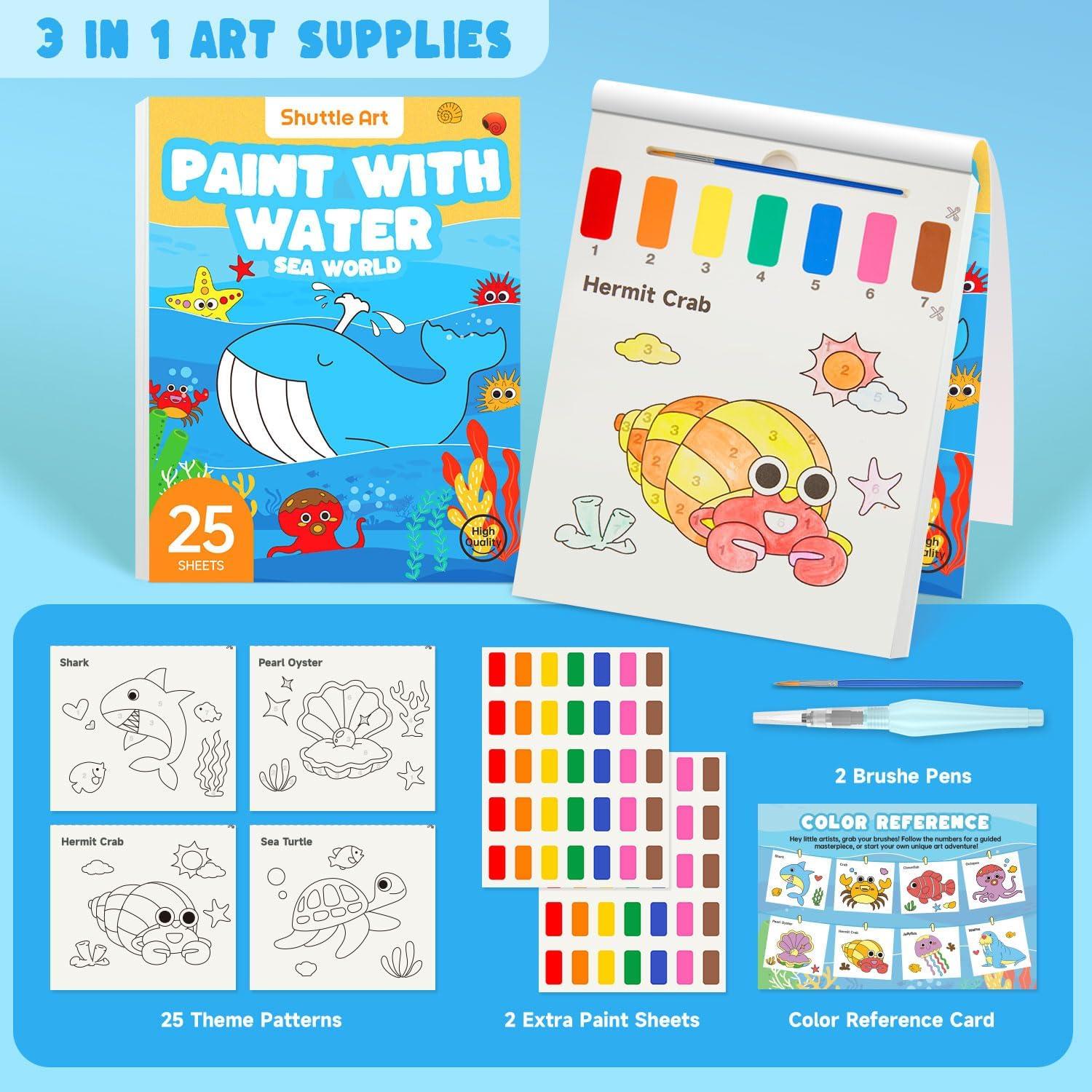 image:imageShuttle Art 335 Piece Kids Art Set Paint with Water Coloring Book for Kids 25 Sea World Themed Pages with 2 Brushes