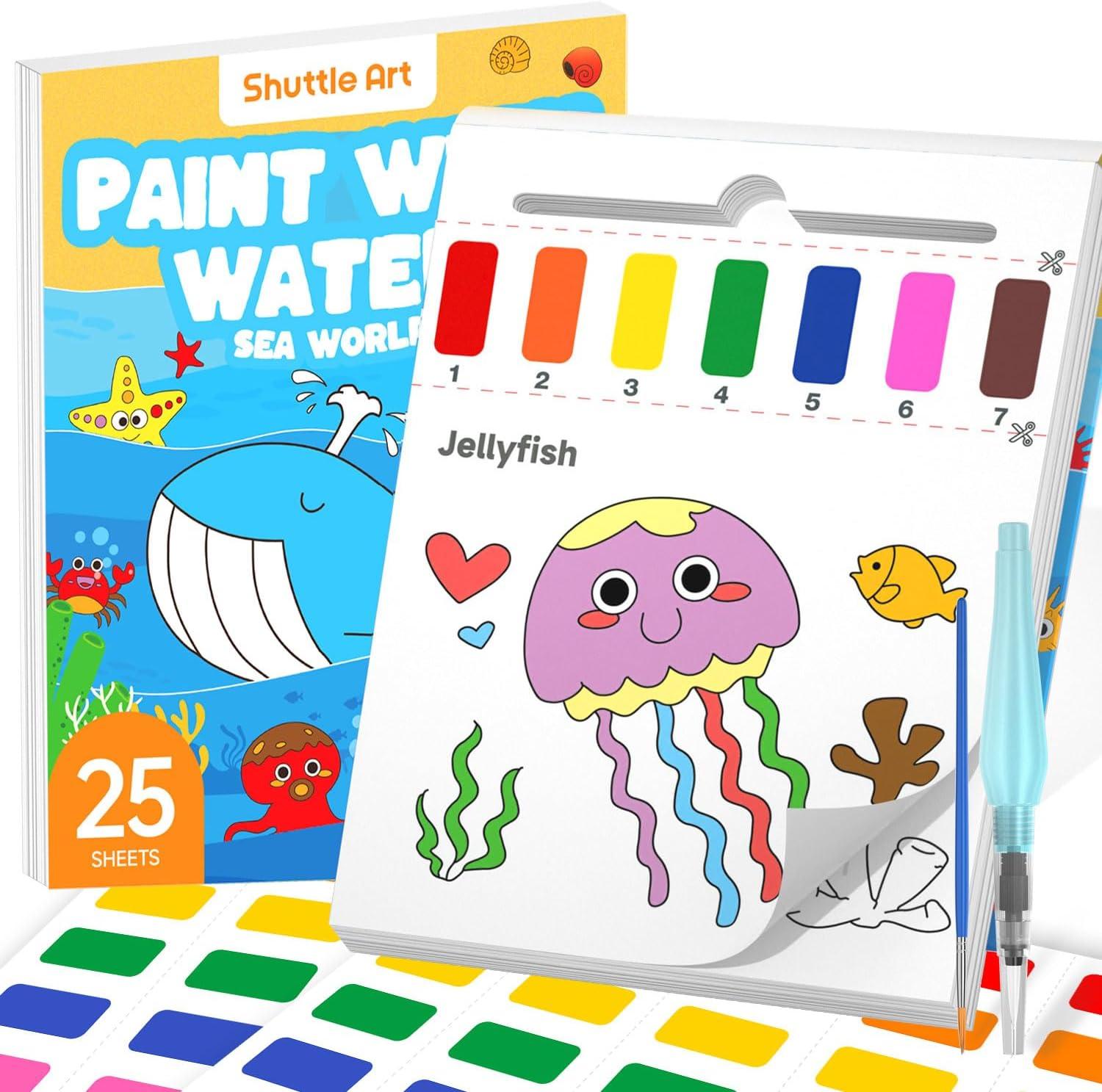image:imageShuttle Art 335 Piece Kids Art Set Paint with Water Coloring Book for Kids 25 Sea World Themed Pages with 2 Brushes