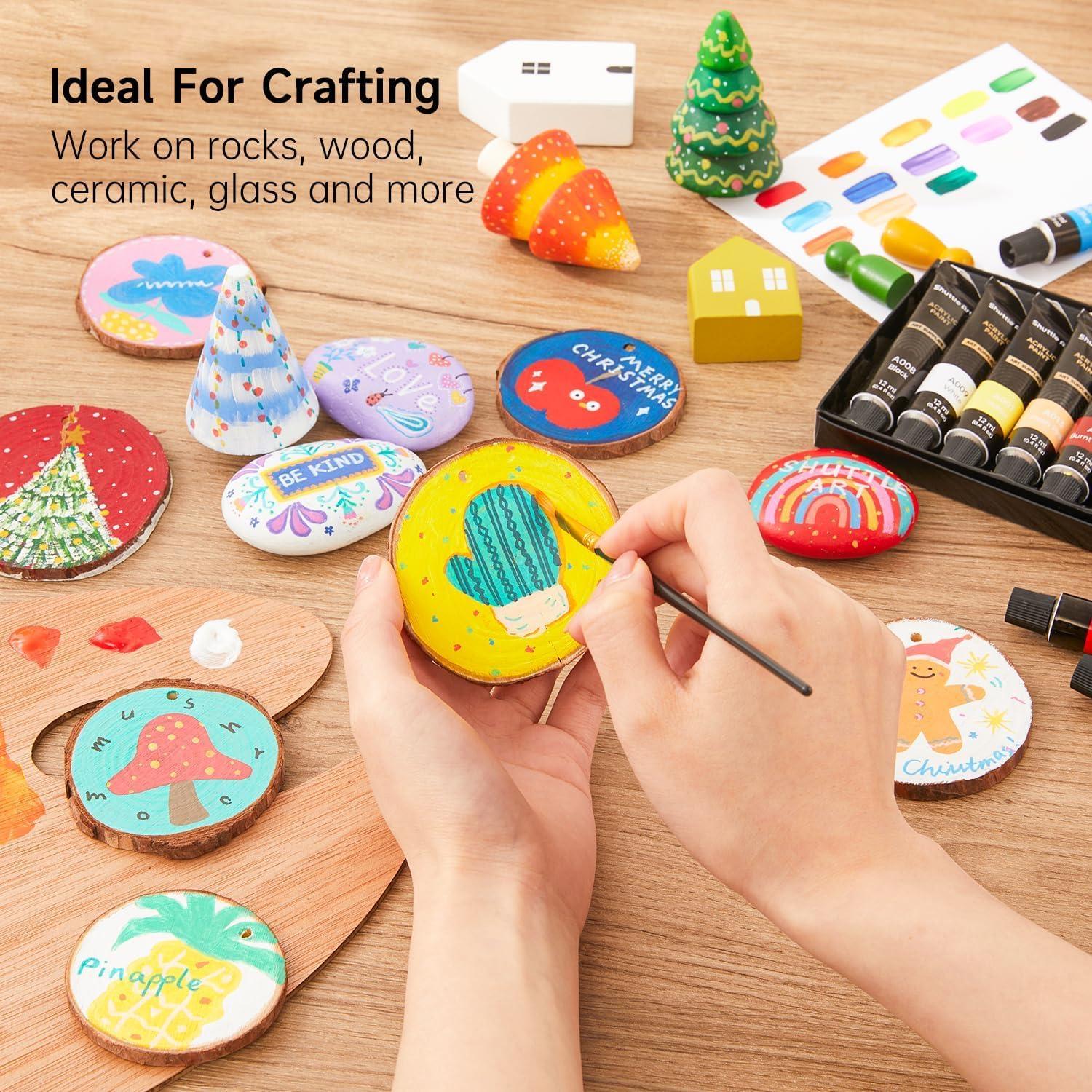 image:imageShuttle Art Acrylic Paint Set and Wood Slices Kit Bundle Set of 16 Colors Acrylic Paint Set with 3 paint brushes 70 PCS Wood Slices Kit