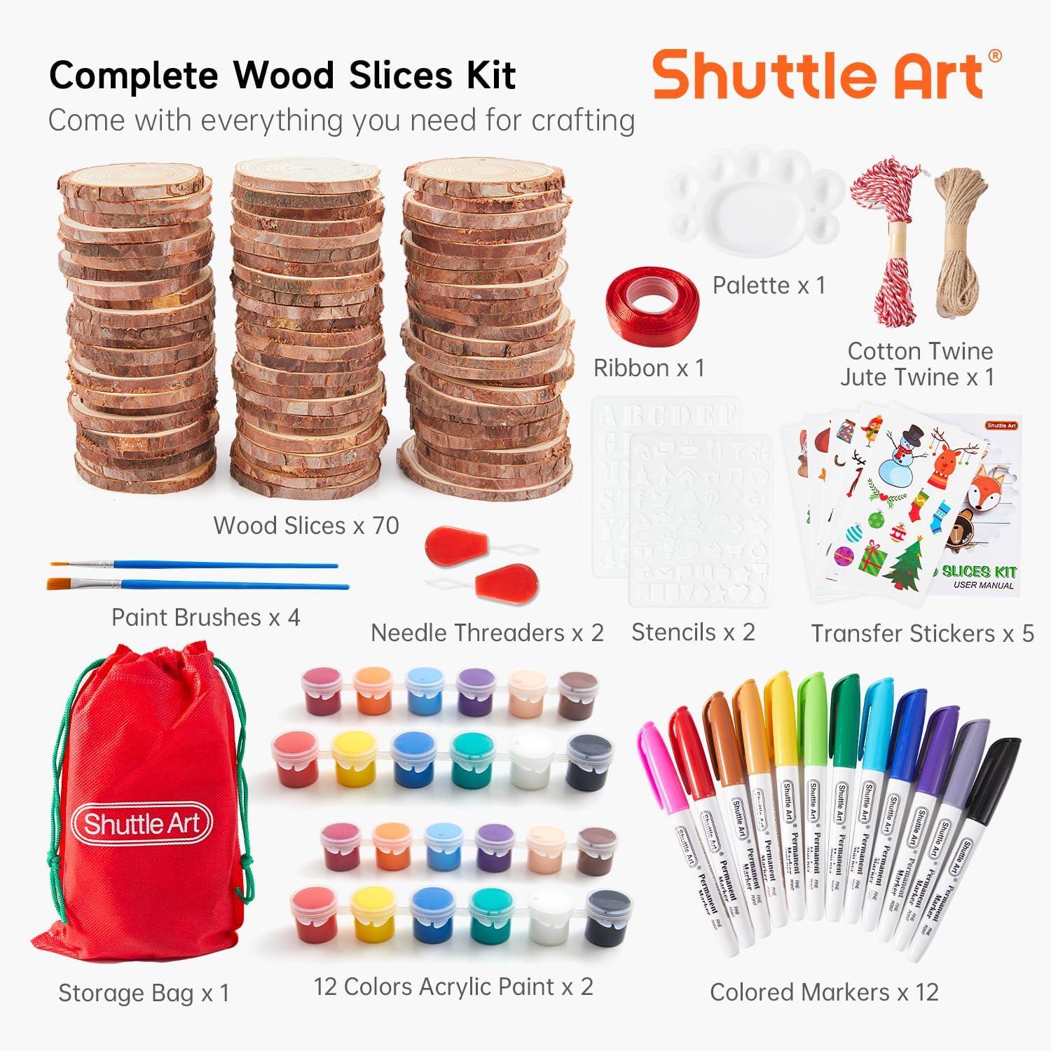 image:imageShuttle Art Acrylic Paint Set and Wood Slices Kit Bundle Set of 30 Colors Acrylic Paint Set with 3 paint brushes 70 PCS Wood Slices Kit