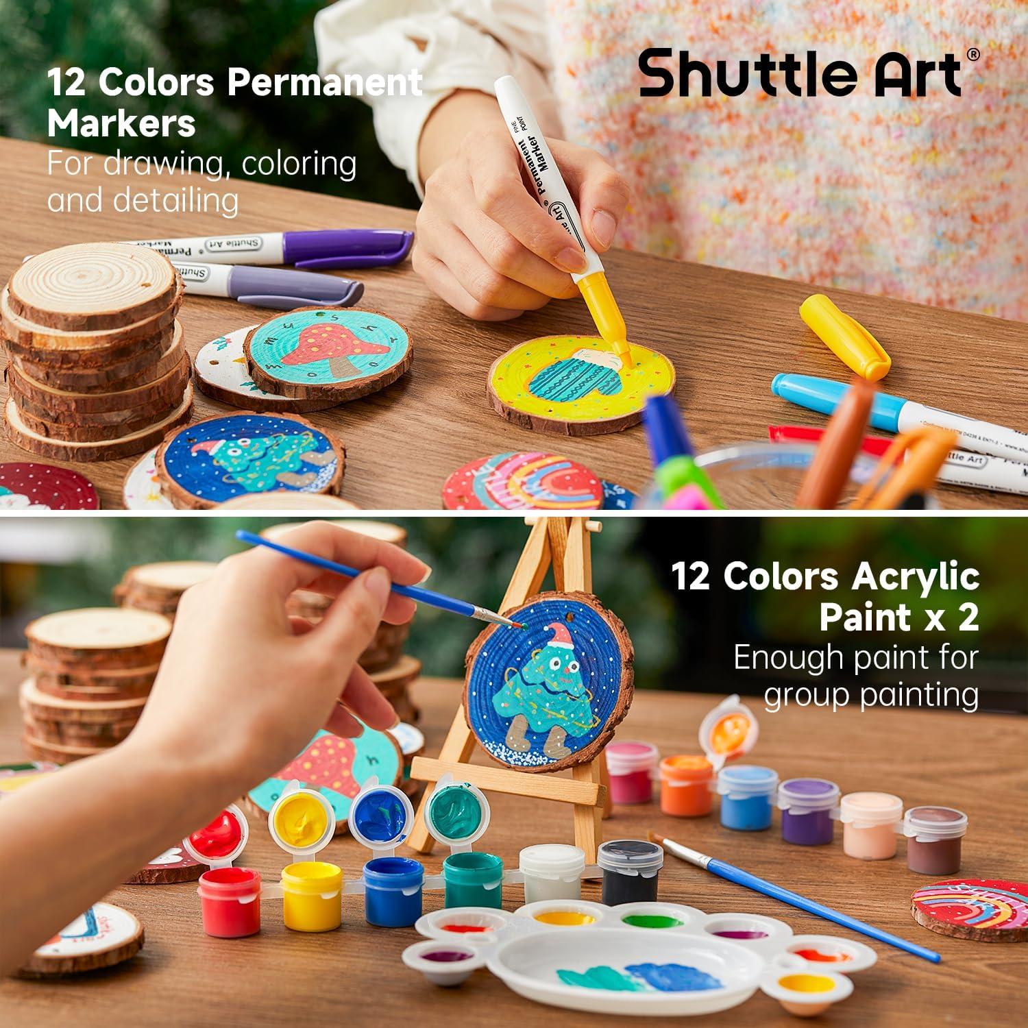 image:imageShuttle Art Acrylic Paint Set and Wood Slices Kit Bundle Set of 30 Colors Acrylic Paint with 3 paint brushes 70 PCS Wood Slices Kit
