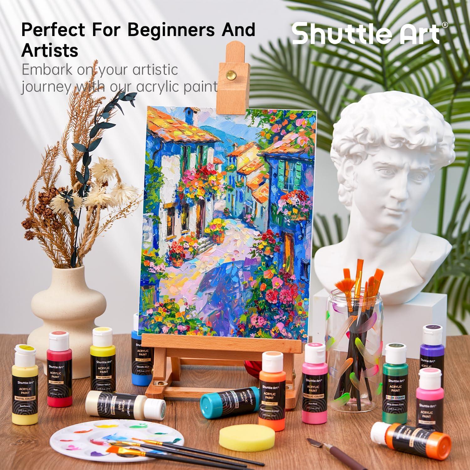 image:imageShuttle Art Acrylic Painting and Paint Organizer Bundle 100 Colors Acrylic Paint Set 2oz60ml with 2 Sets of 12 Paint Brushes 1 Art Sponge amp Palette and 7Layer Clear Paint Organizer