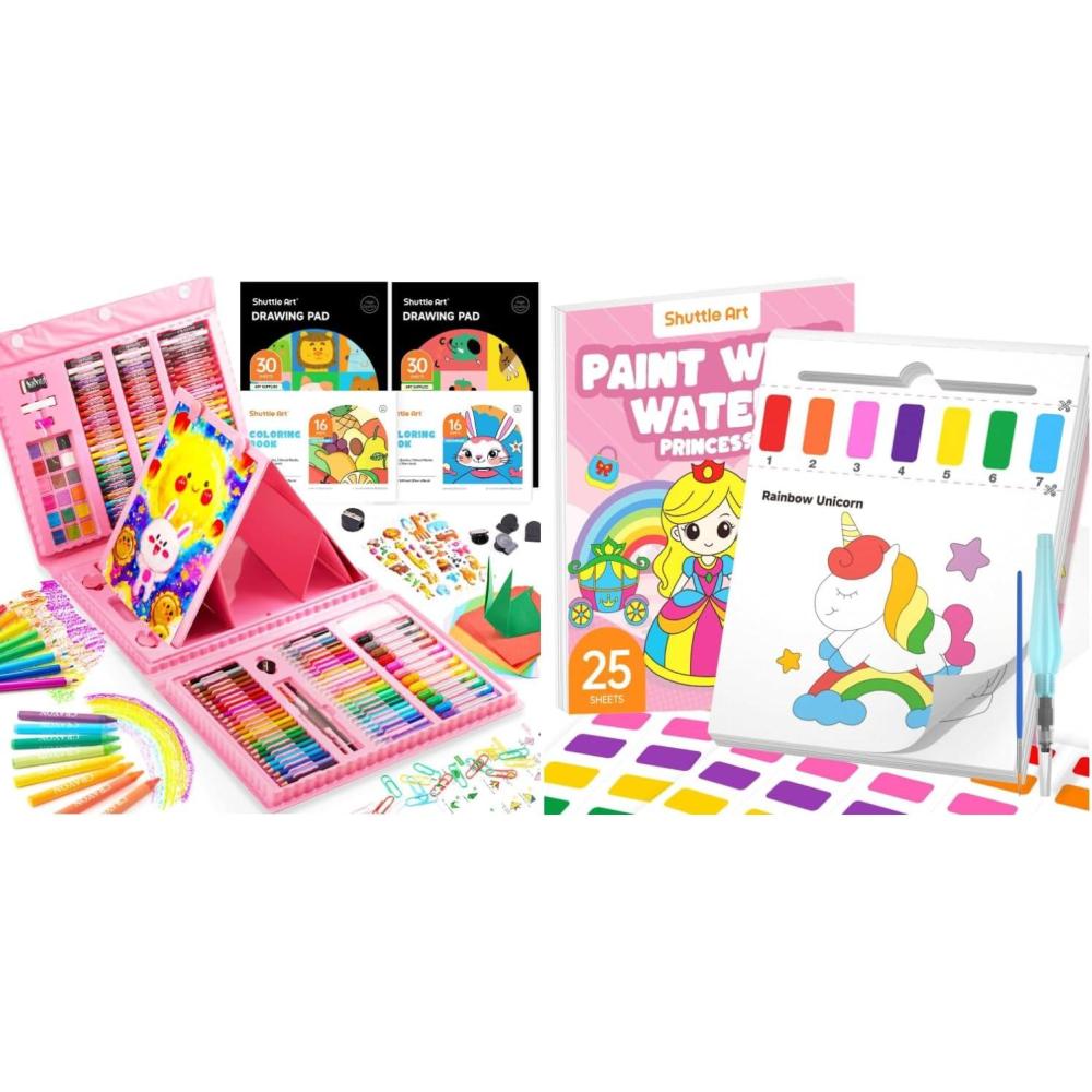 image:imageShuttle Art 335 Piece Kids Art Set Paint with Water Coloring Book for Kids 25 Princess Themed Pages with 2 Brushes