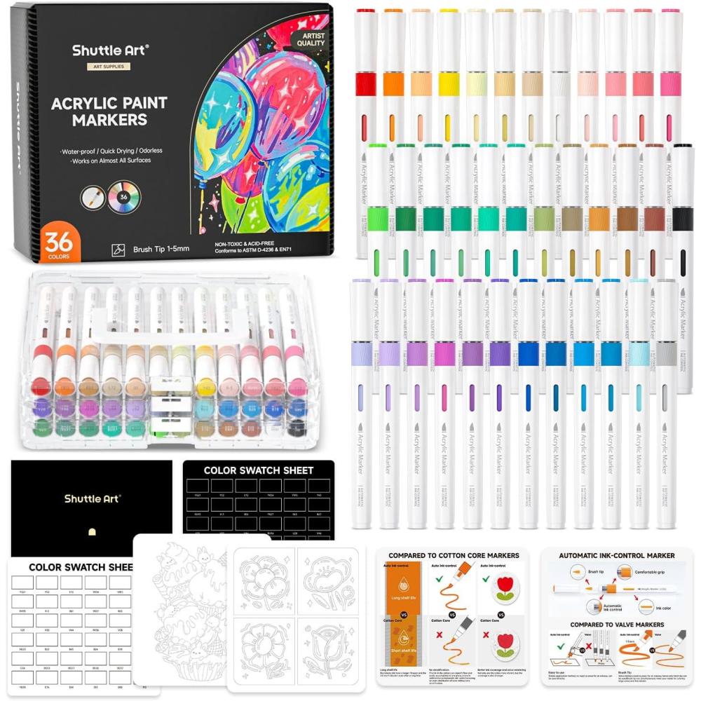 image:imageShuttle Art 35 Colors Brush Tip Automatic Ink Control Acrylic Paint Markers Acrylic Paint Pens for Rock Painting Ceramic Wood Canvas Glass Stone Fabric Card Making DIY amp Art Supplies