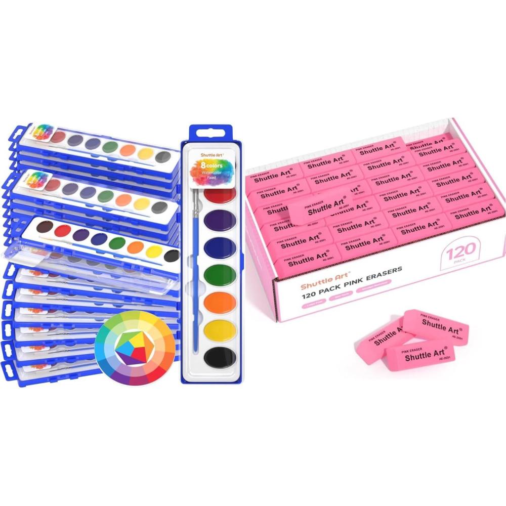 image:imageShuttle Art 8 Colors Watercolor Paint Set Bundle 24 Pack 8 Colors Watercolor Paint Set Bulk 120 Pack Pink Erasers Bulk for School
