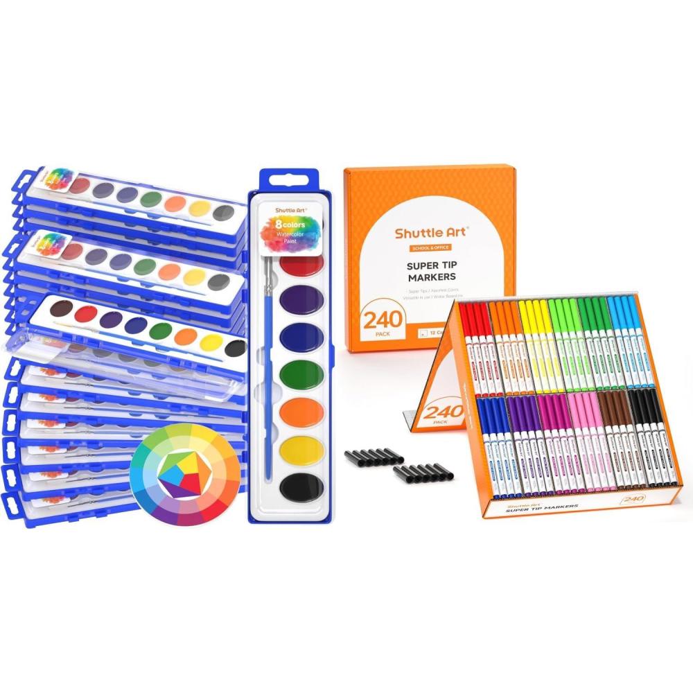 image:imageShuttle Art 8 Colors Watercolor Paint Set Bundle 24 Pack 8 Colors Watercolor Paint Set Bulk 240 Pack Washable Super Tips Markers