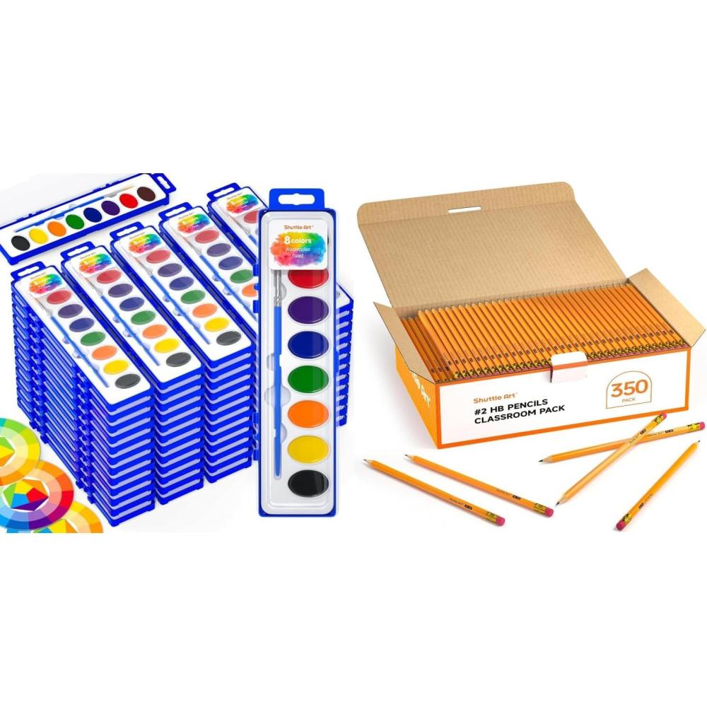 image:imageShuttle Art 8 Colors Watercolor Paint Set Bundle 60 Pack 8 Colors Watercolor Paint Set Bulk 350 Pack 2 HB woodcased yellow pencils with Erasers