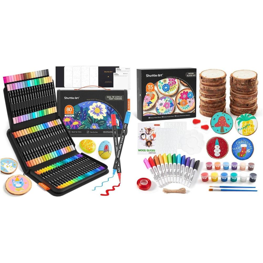 image:imageShuttle Art Acrylic Paint Markers and Wood Slices Kit Set of 80 Colors Dual Tip Acrylic Paint Markers 35 PCS Wood Slices Kit