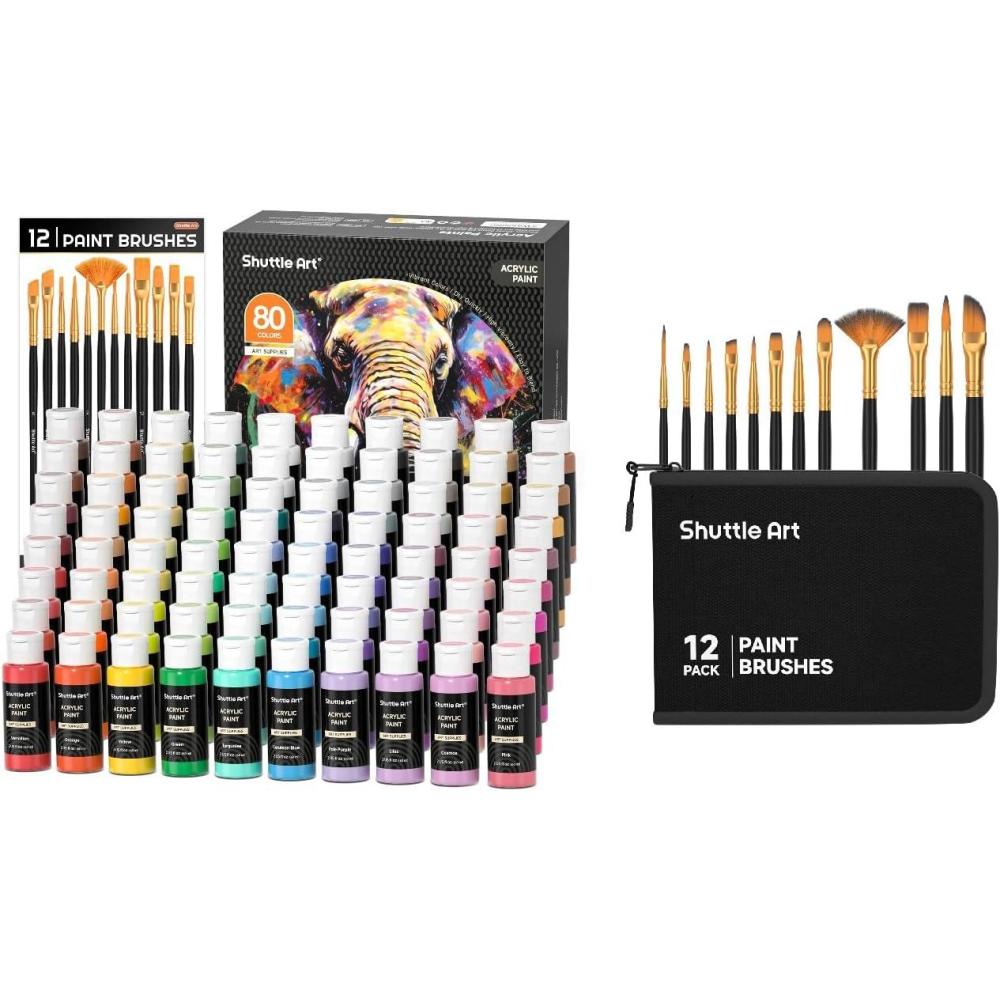 image:imageShuttle Art Acrylic Paint Set and Paint Brush Set Bundle 80 Colors Acrylic Paint Set and 12 PCS Paint Brush Set with Case