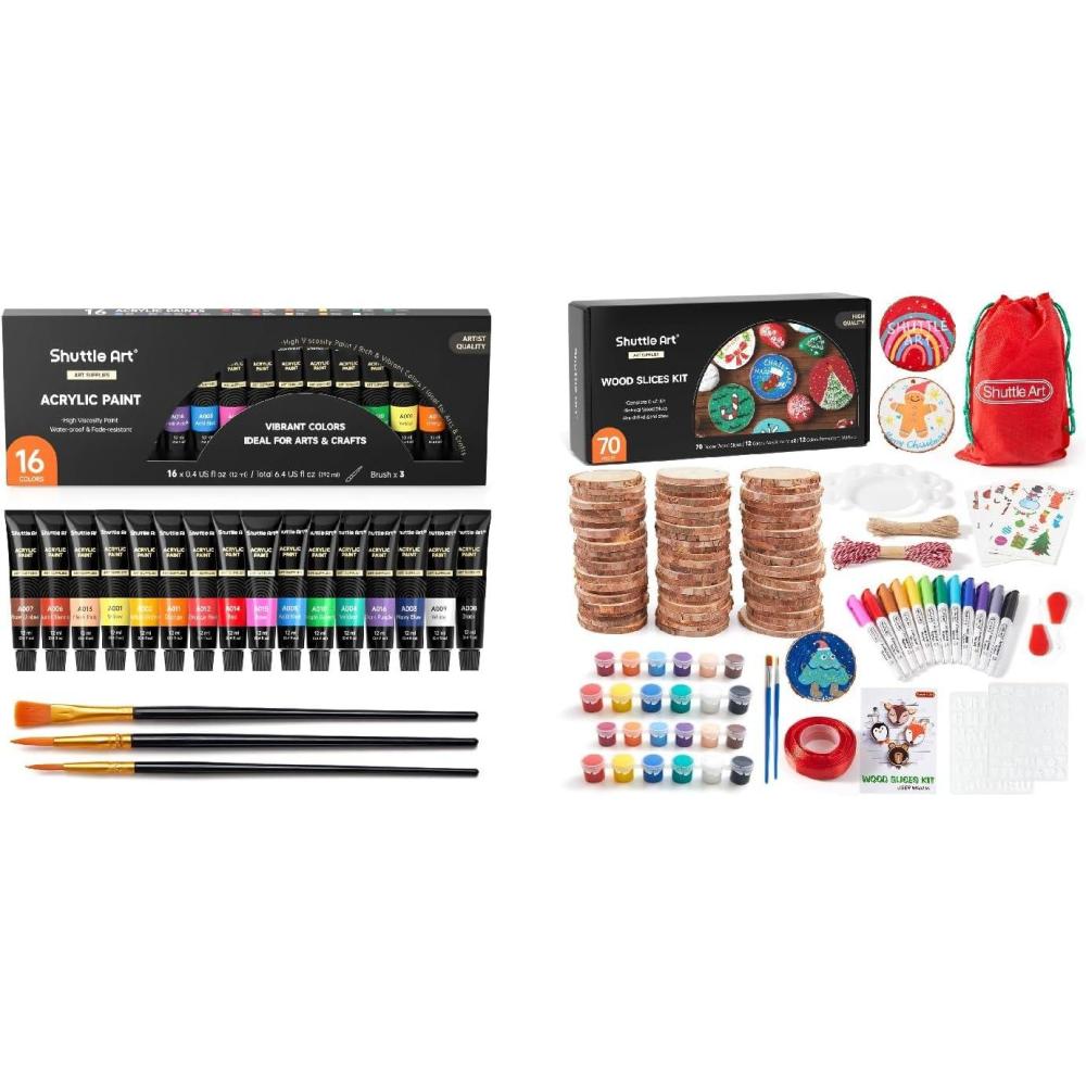 image:imageShuttle Art Acrylic Paint Set and Wood Slices Kit Bundle Set of 16 Colors Acrylic Paint Set with 3 paint brushes 70 PCS Wood Slices Kit
