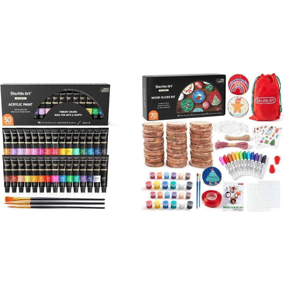 image:imageShuttle Art Acrylic Paint Set and Wood Slices Kit Bundle Set of 30 Colors Acrylic Paint Set with 3 paint brushes 70 PCS Wood Slices Kit