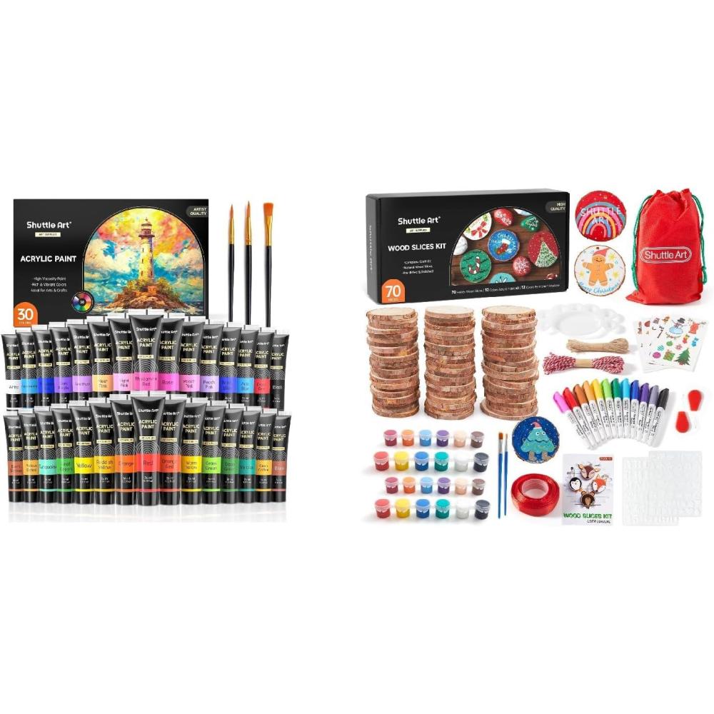 image:imageShuttle Art Acrylic Paint Set and Wood Slices Kit Bundle Set of 30 Colors Acrylic Paint with 3 paint brushes 70 PCS Wood Slices Kit