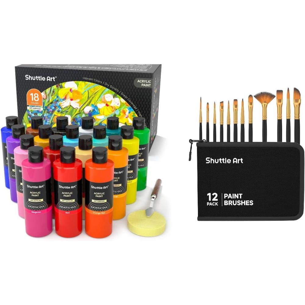 image:imageShuttle Art Acrylic Paint and Brush Set Bundle 18 Colors Acrylic Paint and 12 PCS Brush with Case