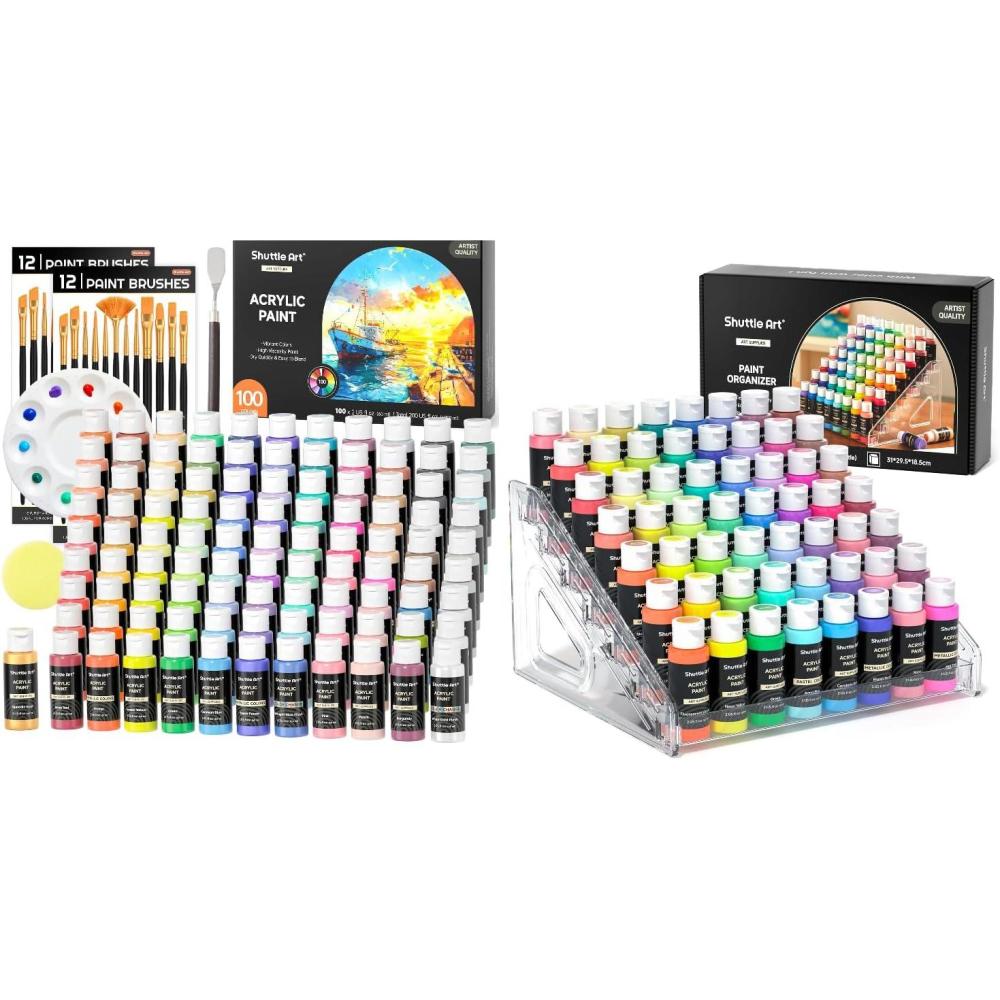 image:imageShuttle Art Acrylic Painting and Paint Organizer Bundle 100 Colors Acrylic Paint Set 2oz60ml with 2 Sets of 12 Paint Brushes 1 Art Sponge amp Palette and 7Layer Clear Paint Organizer