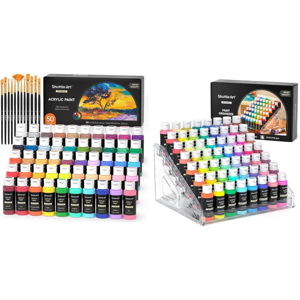 image:imageShuttle Art Acrylic Painting and Paint Organizer Bundle 50 Colors Acrylic Paint Set 2oz60ml and 7Layer Clear Storage Organizer