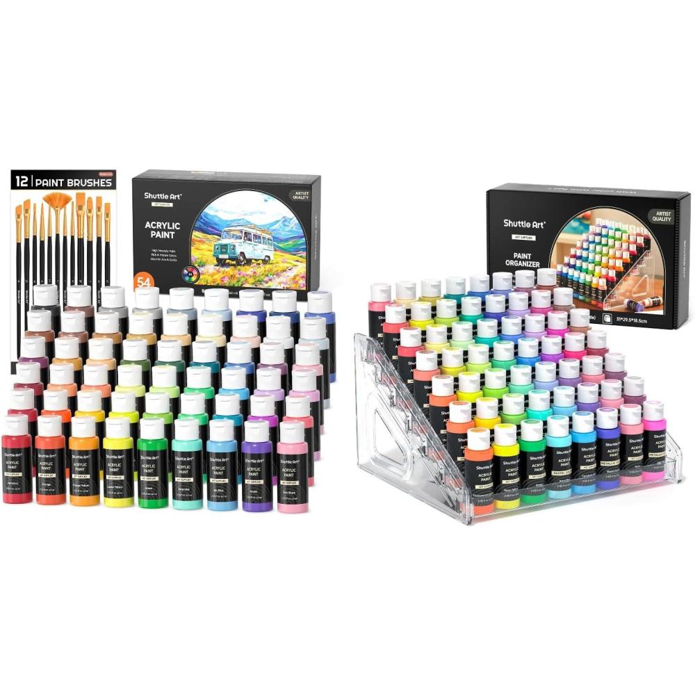 image:imageShuttle Art Acrylic Painting and Paint Organizer Bundle 54 Colors Acrylic Paint Set with 12 Paint Brushes 2oz60ml and 7Layer Clear Storage Organizer