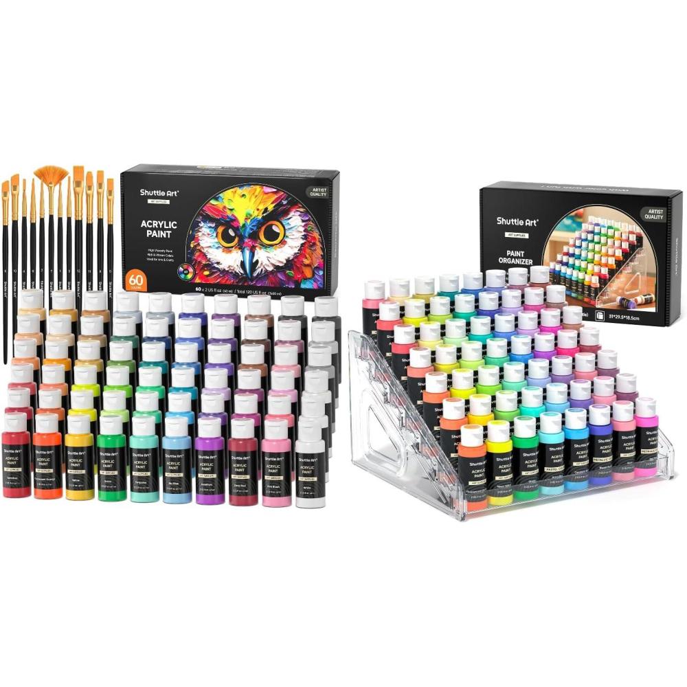 image:imageShuttle Art Acrylic Painting and Paint Organizer Bundle 60 Colors Acrylic Paint Set with Extra White Black amp 12 Brushes 2oz60ml and 7Layer Clear Paint Organizer