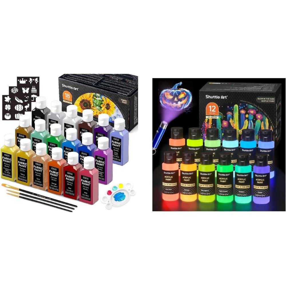 image:imageShuttle Art Fabric Paint and Acrylic Paint Bundle 18 Rrgular Colors Fabric Paint and 12 Glow in The Dark Acrylic Paint in Bottle 60ml2oz for Artists