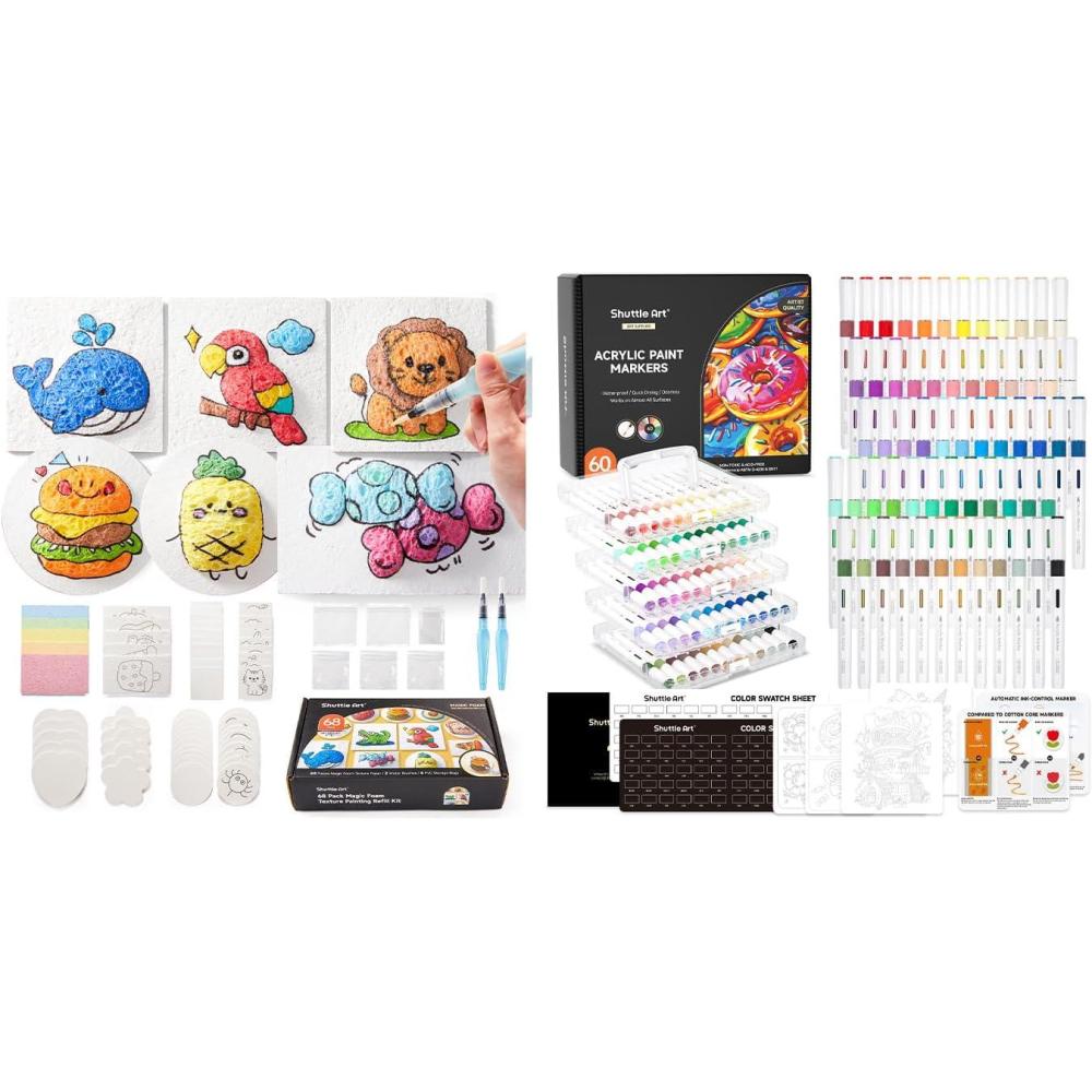 image:imageShuttle Art Magic Foam Texture Painting Set for 68pcs 60 Colors Acrylic Paint Markers Magical 3D Effect Texture Painting Kit