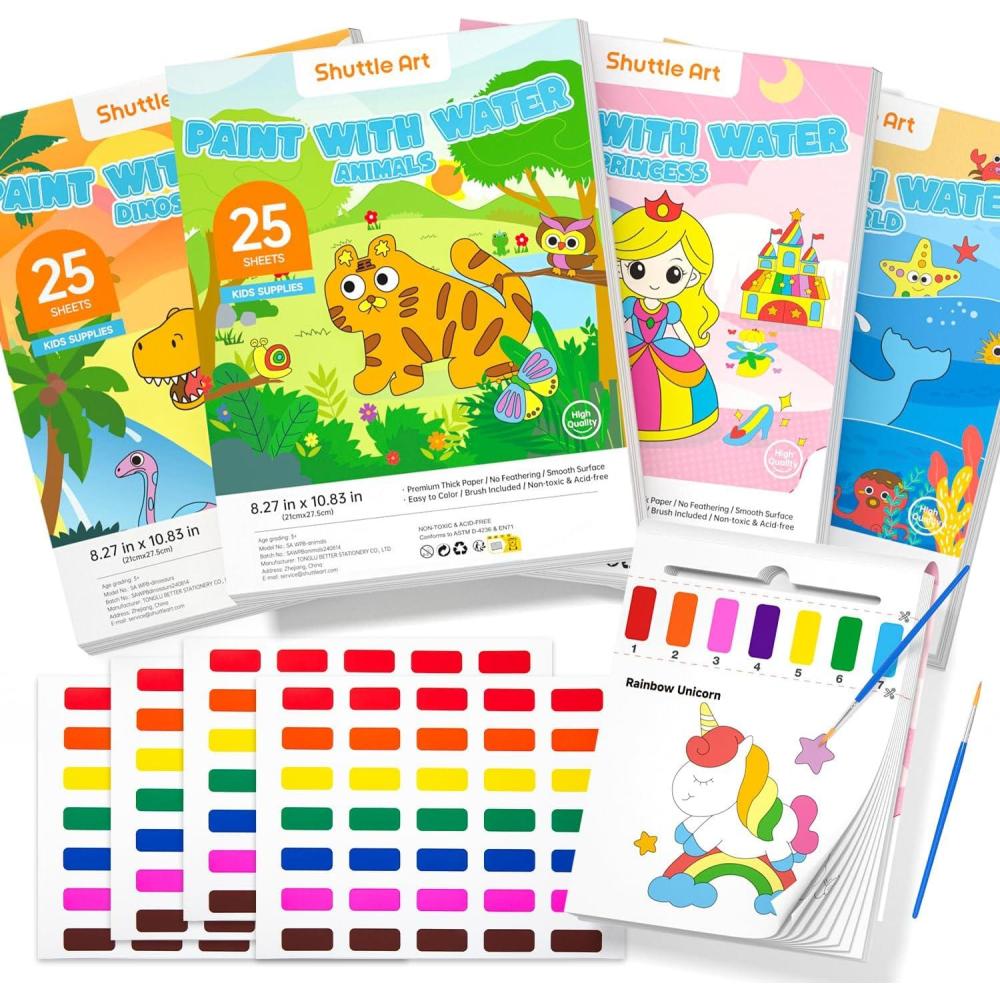 image:imageShuttle Art Paint with Water Coloring Book Bundle 4 Themes  Animals Sea World Princess amp Dinosaurs with Included Brushes and Paint Set