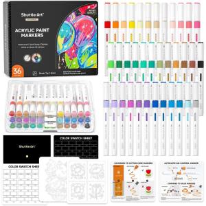 Shuttle Art 35 Colors Brush Tip Automatic Ink Control Acrylic Paint Markers, Acrylic Paint Pens for Rock Painting, Ceramic, Wood, Canvas, Glass, Stone, Fabric, Card Making, DIY & Art Supplies