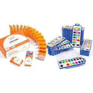 Shuttle Art 576 Crayons Bulk Set Bundle – 576 Count 24 Boxes of 24 Assorted Colors + 24 Pack 16 Colors Watercolor Paint Set Bulk