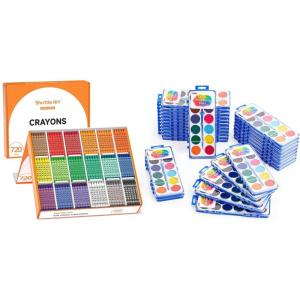 Shuttle Art 720 Crayon Bulk Class Pack Bundle – 720 Count 18 Assorted Colors with 40 Crayons per Color + 30 Pack 12 Colors Watercolor Paint Set Bulk