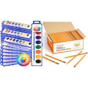 Shuttle Art 8 Colors Watercolor Paint Set Bundle – 24 Pack 8 Colors Watercolor Paint Set Bulk + 180 Pack #2 HB wood-cased yellow pencils with Erasers