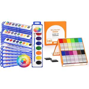 Shuttle Art 8 Colors Watercolor Paint Set Bundle – 24 Pack 8 Colors Watercolor Paint Set Bulk + 240 Pack Washable Super Tips Markers