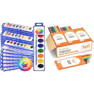 Shuttle Art 8 Colors Watercolor Paint Set Bundle – 24 Pack 8 Colors Watercolor Paint Set Bulk + 360 PCS Colored Pencils Bulk