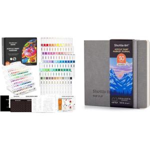 Shuttle Art Acrylic Paint Markers and Marker Journal Set, 60 Colors Automatic Ink Control Acrylic Paint Markers + 5.51×5.51 Watercolor Journal Set