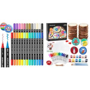 Shuttle Art Acrylic Paint Markers and Wood Slices Kit, Set of 25 Colors Dual Tip Acrylic Paint Markers + 35 PCS Wood Slices Kit