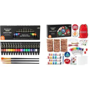 Shuttle Art Acrylic Paint Set and Wood Slices Kit Bundle, Set of 16 Colors Acrylic Paint Set with 3 paint brushes + 70 PCS Wood Slices Kit