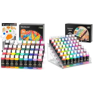 Shuttle Art Acrylic Paint and Paint Organizer Bundle, 36 Colors Acrylic Paint Set with 12 Paint Brushes (2oz/60ml) and 7-Layer Clear Storage Organizer