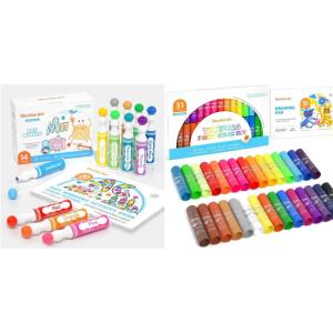 Shuttle Art Dot Markers, 14 Colors Bingo Daubers with 20 Unique Patterns + Tempera Paint Sticks, 30 Colors Solid Tempera Paint for Kids with 1 Drawing Pad