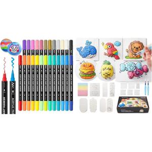 Shuttle Art Magic Foam Texture Painting Set for 68pcs + 25 Colors Dual Tip Acrylic Paint Markers, Magical 3D Effect Texture Painting Kit