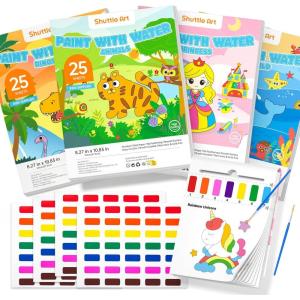 Shuttle Art Paint with Water Coloring Book Bundle: 4 Themes – Animals, Sea World, Princess, & Dinosaurs with Included Brushes and Paint Set