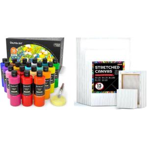 Shuttle Art Stretched Canvas and Acrylic Paint Bundle, Art Painting Supplies Set for 18 Colors Acrylic Paint Bottles (240ml/8.12oz) & 15 Pack Painting Canvas (4×4”,5×7”, 8×10”, 9×12”, 11×14”)