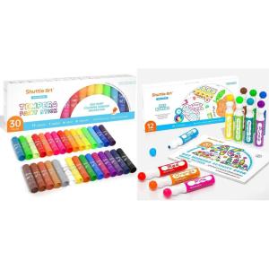 Shuttle Art Tempera Paint Sticks Bundle, Set of 30 Colors Tempera Paint Sticks + 12 Colors Dot Markers