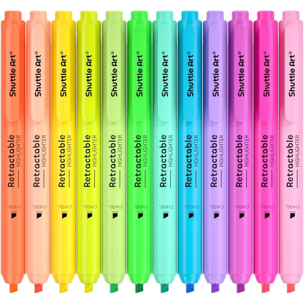 image:imageShuttle Art Retractable Highlighters Assorted Colors 12 Colors6 Pastel amp 6 NeonChisel Tip Fluorescent Markers QuickDry Aesthetic Highlighter Pens for Kids Teens Adults Perfect for School Office