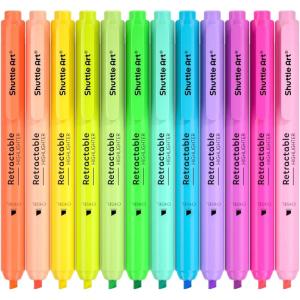 Shuttle Art Retractable Highlighters Assorted Colors, 12 Colors(6 Pastel & 6 Neon)Chisel Tip Fluorescent Markers, Quick-Dry Aesthetic Highlighter Pens for Kids Teens Adults, Perfect for School Office
